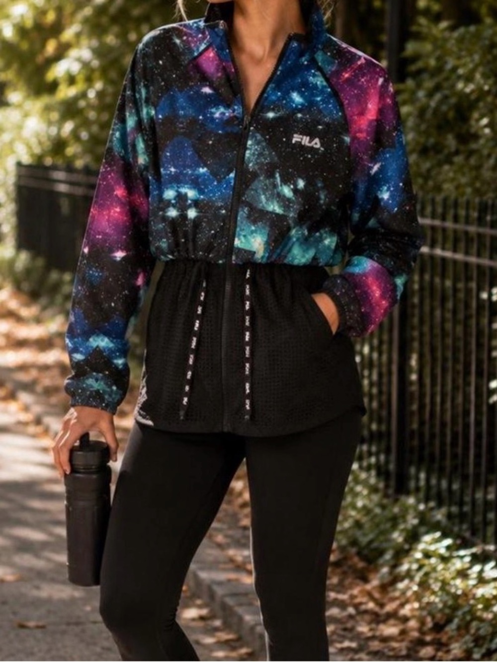NWOT Fila Galaxy-Print Bomber Jacket - Black, Blue, Purple, Pink